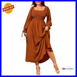 Plus Size Maxi Dress Long Sleeve Square Neck Smocked A-Line Boho Wedding Party